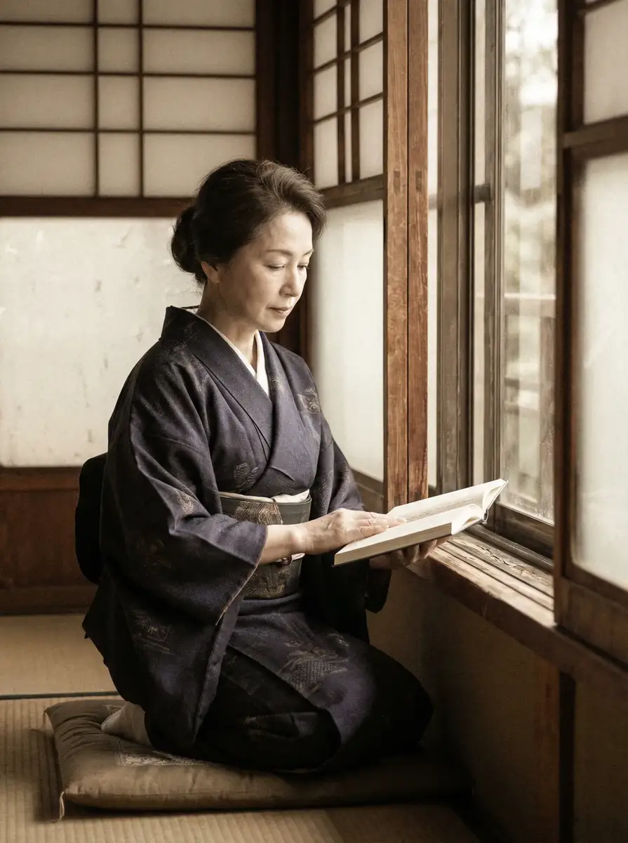 一位优雅的五十岁 成人写真 身穿深蓝色和服，在窗边静读